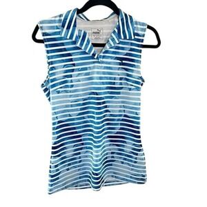 Puma Women Sleeveless Golf Polo Shirt Blue Stripe Floral Print Performance Top S